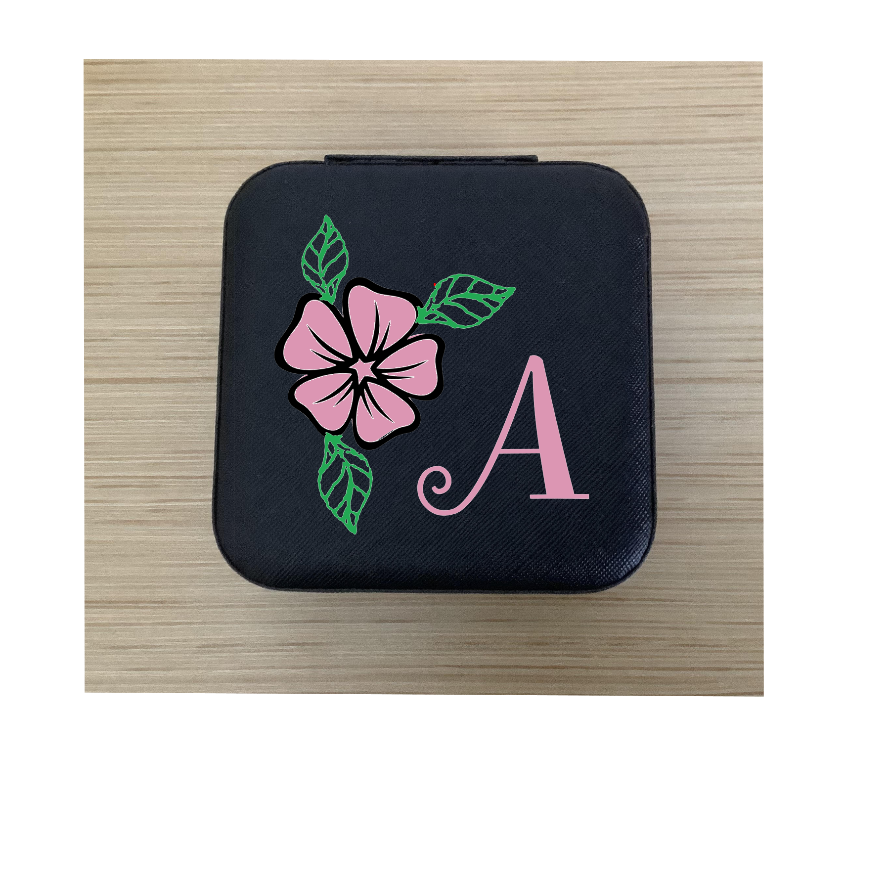 Initial & Flowers — Black Travel Jewelry Box