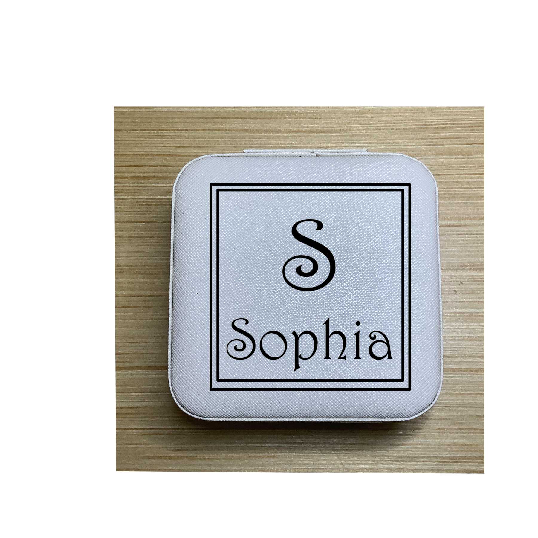 Name & Initial in Square — White Travel Jewelry Box