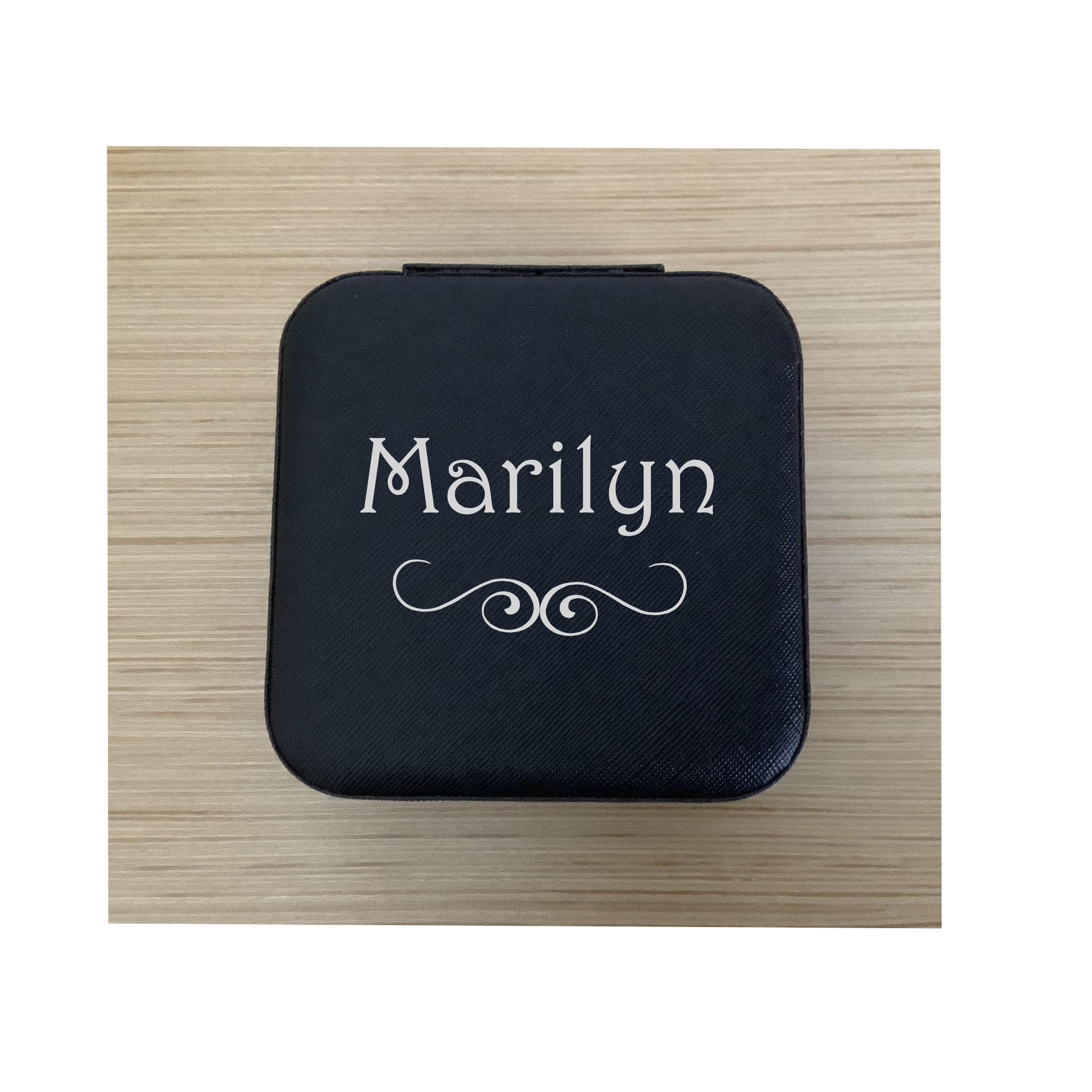 Name & Swirl — Black Travel Jewelry Box